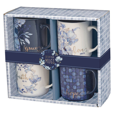 MUG SET 4PC BLUE FLORAL GEOMETRIC