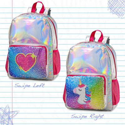 Top Trenz Reversible Sequin Holographic Backpack Heart/Unicorn