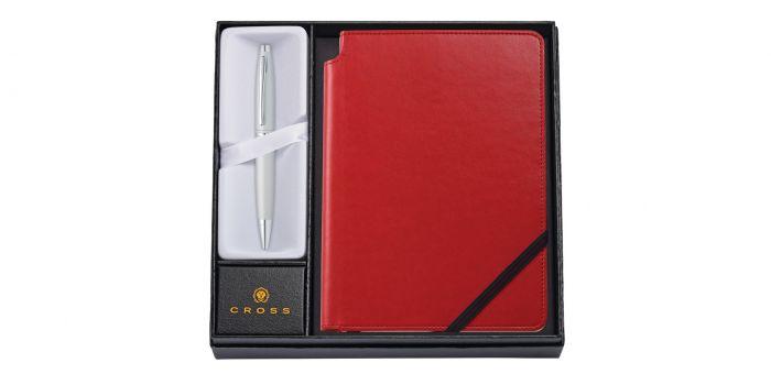 Cross Calais Satin Chrome Ballpoint Pen with Medium Red Journal